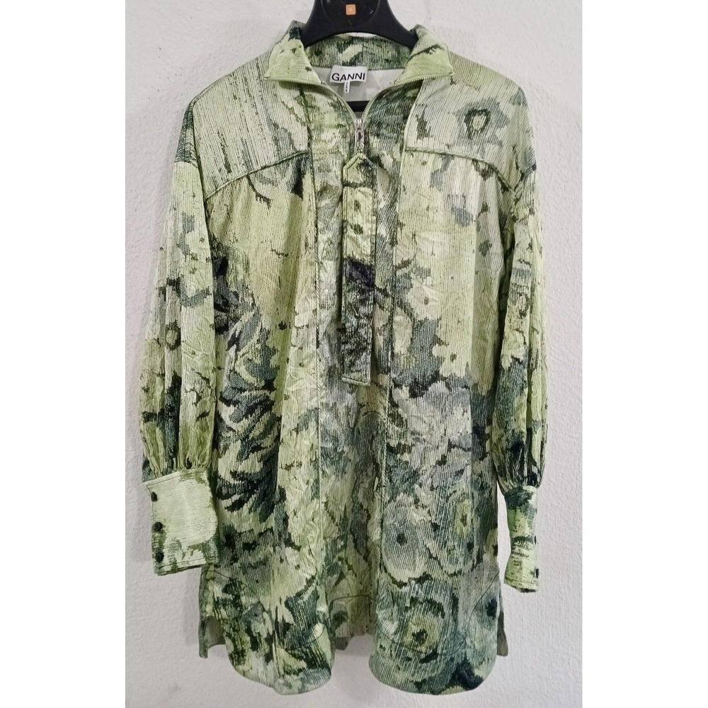 Ganni Green Abstract Floral Print Satin Mini Dress L Street Style Designer Lux‎